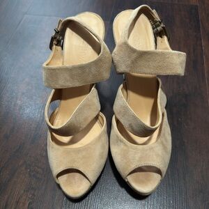 J. Crew Women’s Collins Taupe Tan Suede Heels Peep Toe Sandals Size 9:5